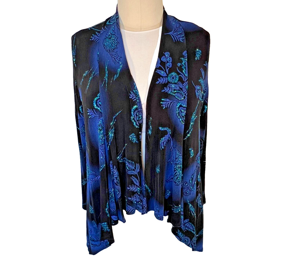 All Hours Cardigan Womens L/XL Long Sleeve Turquoise Glitter Open Front Stretch